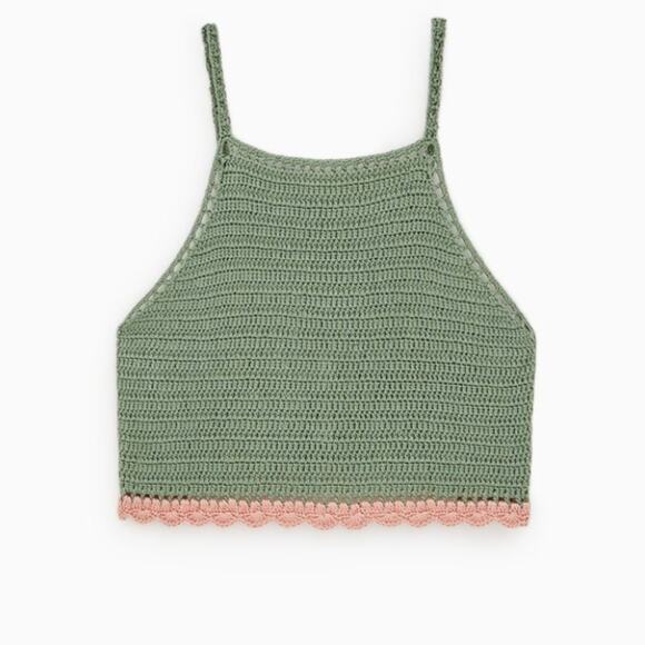 zara crochet crop top in green with pink trim size medium - Picture 2 of 10